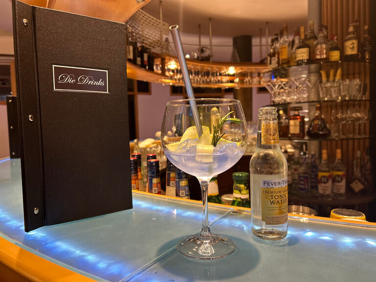 Gin-Tonic mit Eis und Limette an Bar mit Flaschenregal und Getränkekarte im Vordergrund.